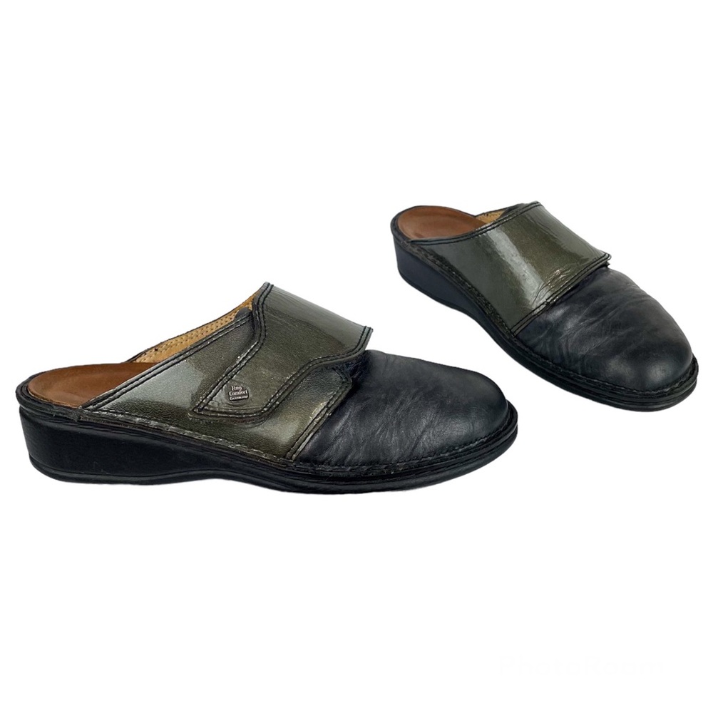 Finn Comfort Aussee Leather Slip On Mules Sz 40 Black Green Leather Shoes
